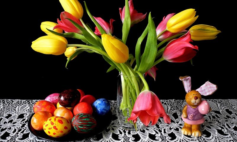 Обои цветы, фон, тюльпаны, кролик, пасха, салфетка, flowers, background, tulips, rabbit, easter, napkin разрешение 2874x2146 Загрузить