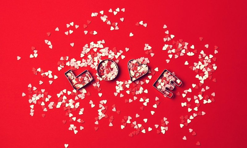 Обои любовь, сердечки, красный фон, день святого валентина, конфетти, love, hearts, red background, valentine's day, confetti разрешение 2560x1707 Загрузить