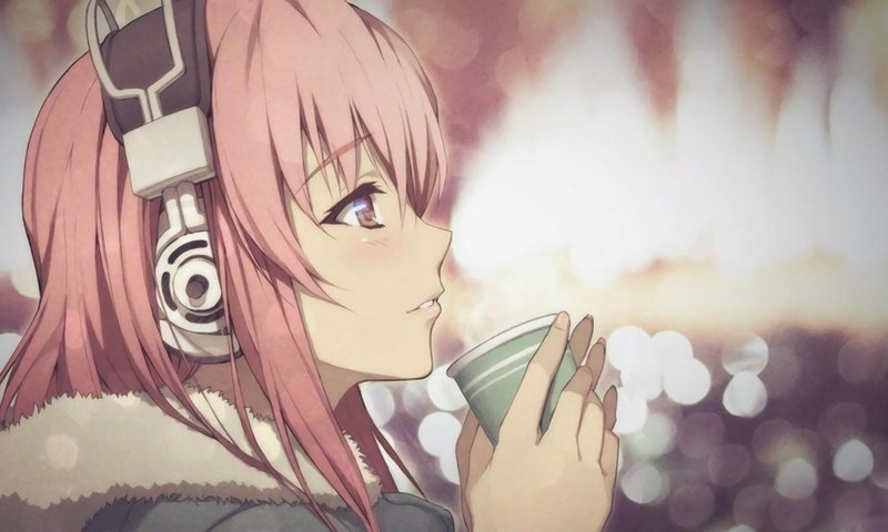 Обои девушка, аниме, наушники, кружка, чай, girl, anime, headphones, mug, tea разрешение 1920x1080 Загрузить