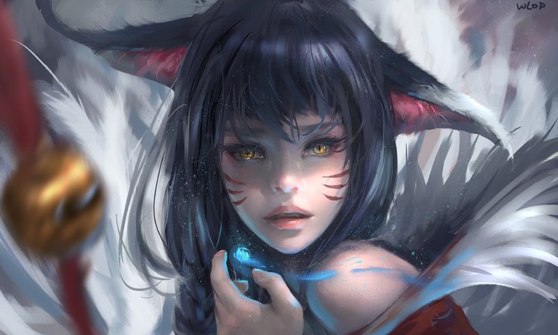 Обои арт, девушка, фэнтези, эльфийка, ahri, nine-tailed fox, лига легенд, wlop, wang ling, ари, art, girl, fantasy, elf, league of legends, hary разрешение 3840x2400 Загрузить