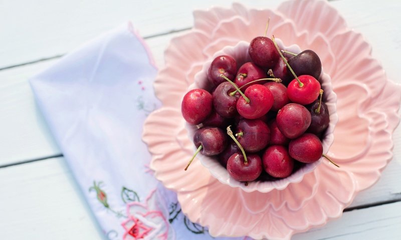 Обои стол, черешня, ягоды, вишня, чашка, завтрак, салфетка, тарелка, table, cherry, berries, cup, breakfast, napkin, plate разрешение 3840x2160 Загрузить