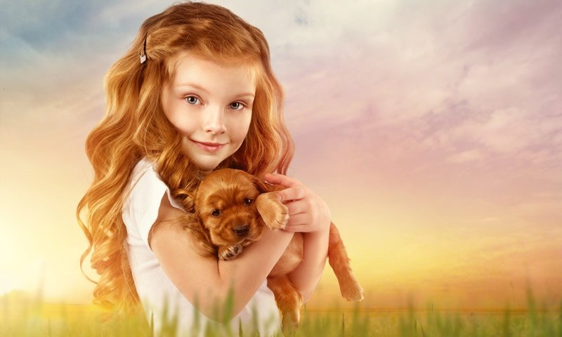 Обои фон, ребенок, взгляд, собака, рыжая, девочка, щенок, волосы, лицо, background, child, look, dog, red, girl, puppy, hair, face разрешение 4824x3216 Загрузить