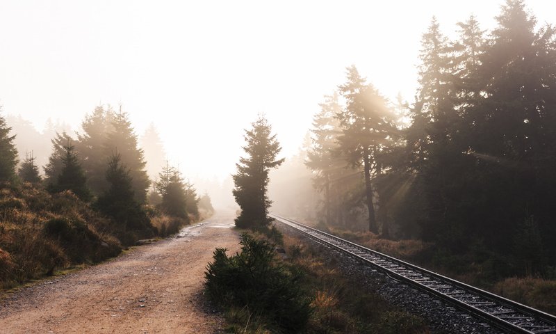 Обои дорога, железная дорога, природа, туман, road, railroad, nature, fog разрешение 2112x1188 Загрузить