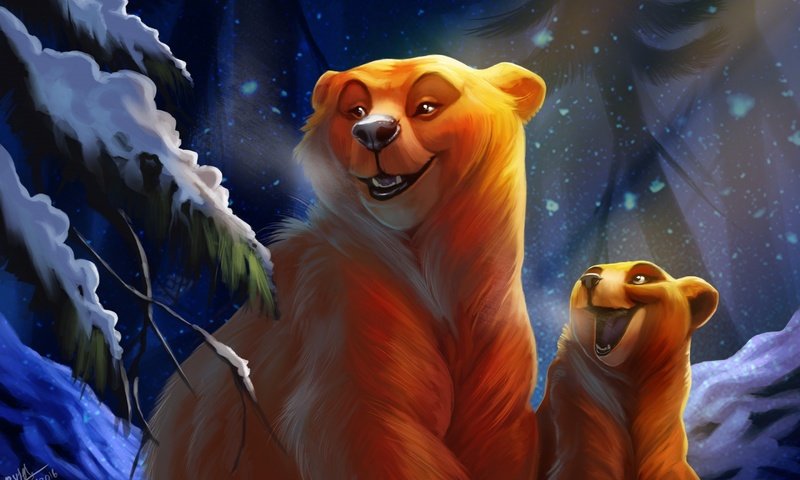 Обои арт, ночь, лес, зима, медведь, медведи, медвеженок, by tehchan, art, night, forest, winter, bear, bears разрешение 2880x1800 Загрузить