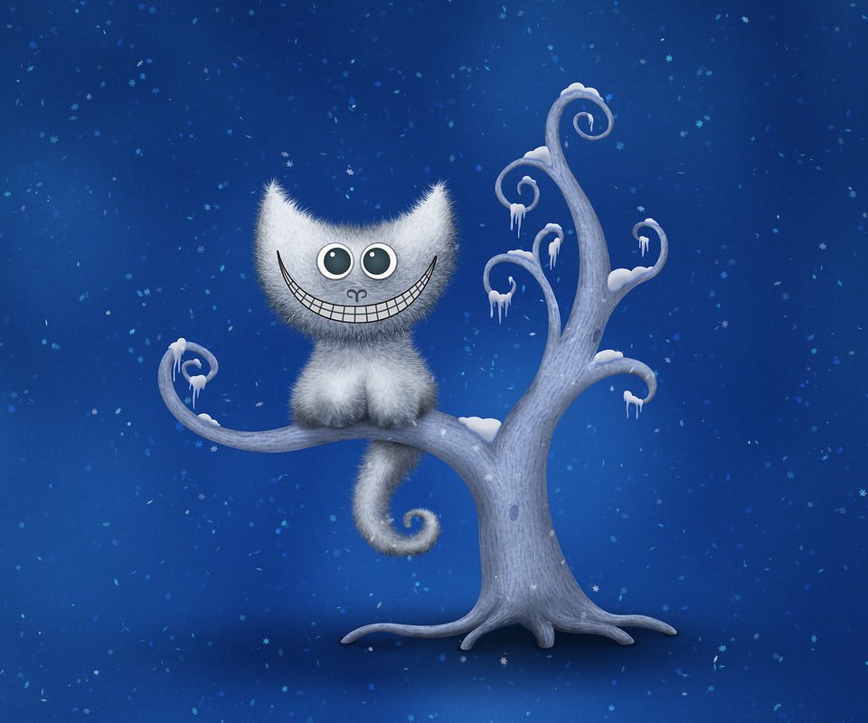 Обои дерево, зима, снежинки, улыбка, чеширский кот, tree, winter, snowflakes, smile, cheshire cat разрешение 1920x1200 Загрузить