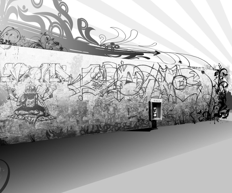 Обои стена, черно-белая, телефон, граффити, wall, black and white, phone, graffiti разрешение 1920x1200 Загрузить