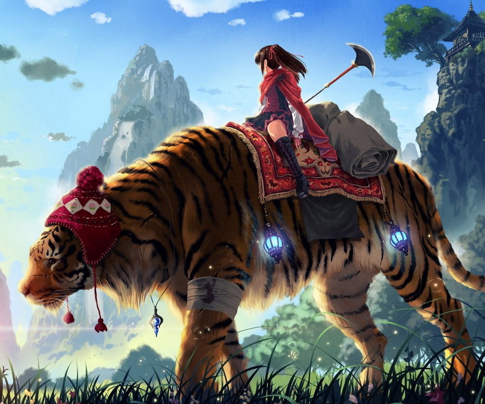 Обои тигр, трава, горы, девушка, копье, kankurou, tiger, grass, mountains, girl, spear разрешение 1920x1200 Загрузить