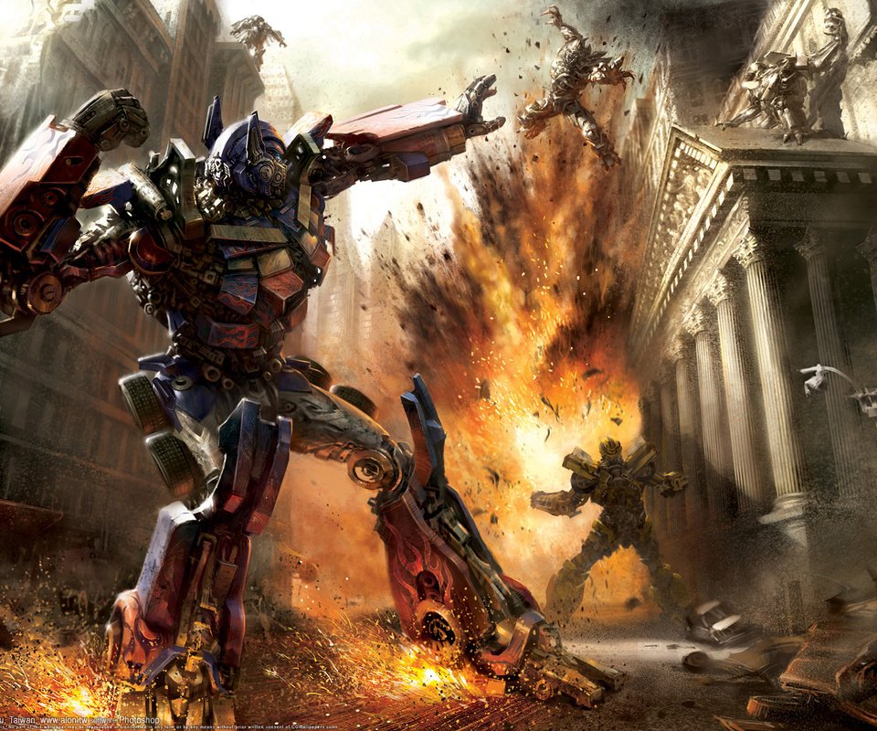 Обои робот, бой, трансформеры, взрыв, robot, battle, transformers, the explosion разрешение 1920x1200 Загрузить