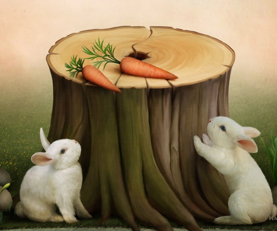 Обои кролик, праздник, пенек, открытка, поздравления, символ года, морковка, с новым годом, rabbit, holiday, stump, postcard, congratulations, symbol of the year, carrot, happy new year разрешение 1920x1200 Загрузить