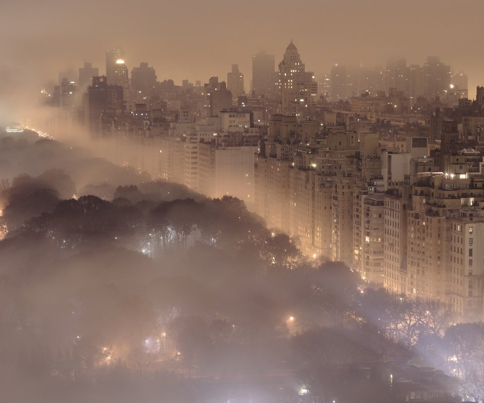 Обои ночь, центральный парк, огни, нью - йорк, туман, города, пейзажи, город, нью-йорк, здания, night, central park, lights, fog, city, landscapes, the city, new york, building разрешение 2560x1920 Загрузить
