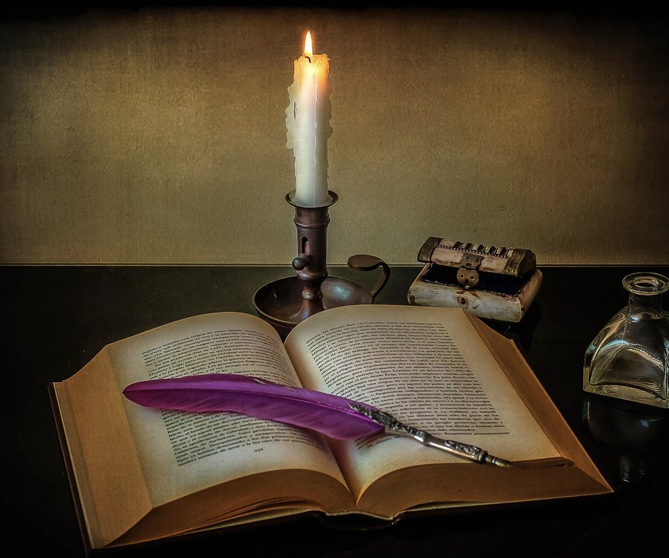 Обои пламя, свеча, книга, перо, натюрморт, пламя свечи, flame, candle, book, pen, still life, the flame of a candle разрешение 3510x2382 Загрузить