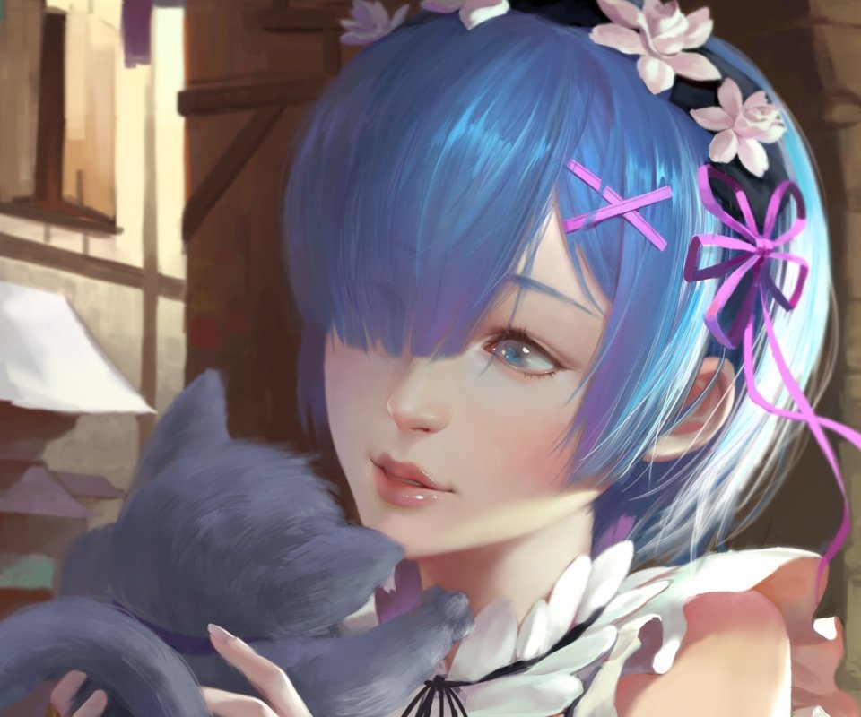 Обои арт, девушка, котенок, аниме, синие волосы, re: zero kara hajimeru isekai seikatsu, с нуля, рем, art, girl, kitty, anime, blue hair, from scratch, rem разрешение 2480x1928 Загрузить
