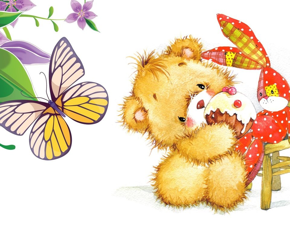 Обои арт, день рождения, настроение, зайчик, бабочка, пирожное, мишка, стульчик, игрушка, детская, малыш, кексик, подарок, праздник, art, birthday, mood, bunny, butterfly, cake, bear, chair, toy, children's, baby, cupcake, gift, holiday разрешение 2322x1479 Загрузить