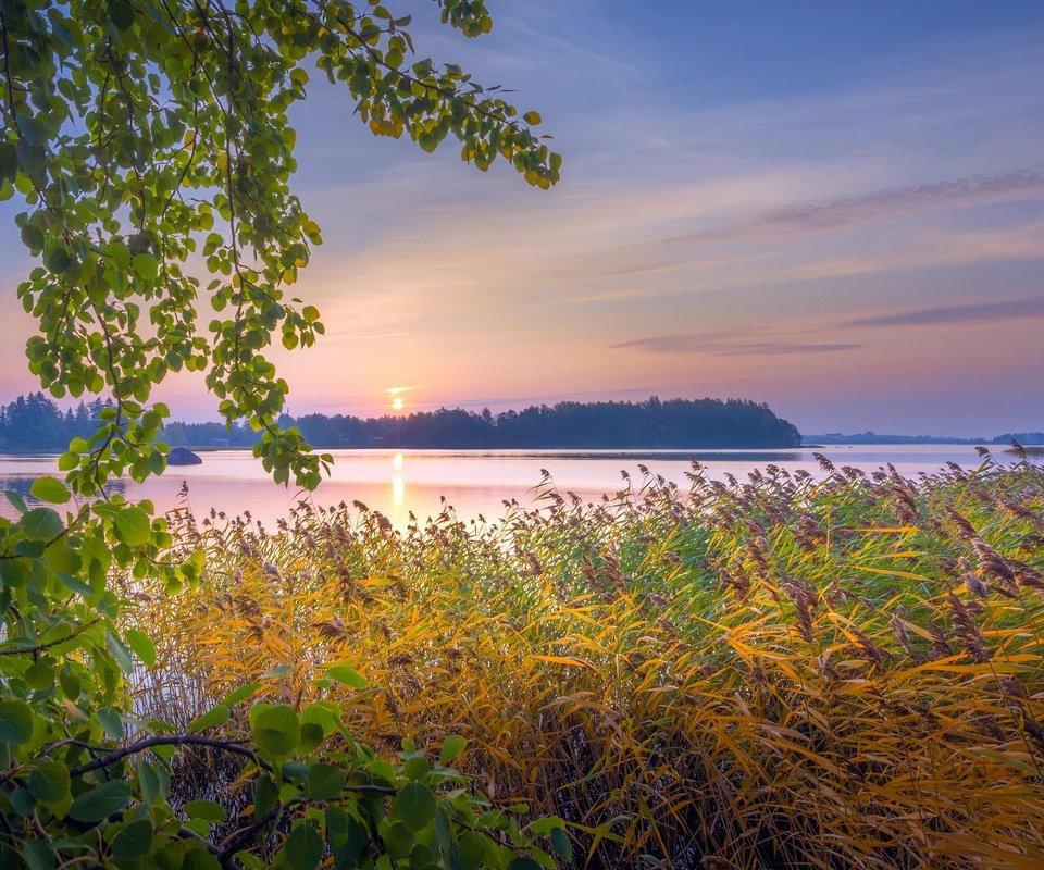 Обои небо, деревья, озеро, природа, растения, закат, осень, the sky, trees, lake, nature, plants, sunset, autumn разрешение 3840x2160 Загрузить