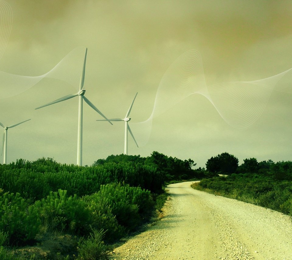 Обои дорога, трава, линии, ветряки, ветротурбины, road, grass, line, windmills, wind turbine разрешение 1920x1200 Загрузить