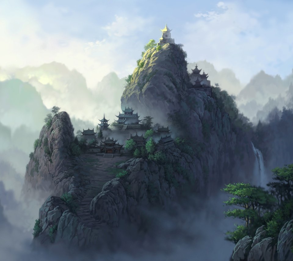 Обои рисунок, горы, туман, город, figure, mountains, fog, the city разрешение 2648x2118 Загрузить