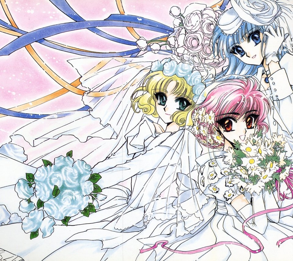 Обои венчание, clamp, hoouji fuu, magic knight rayearth, ryuuzaki umi, shidou hikaru, wedding разрешение 4035x2980 Загрузить