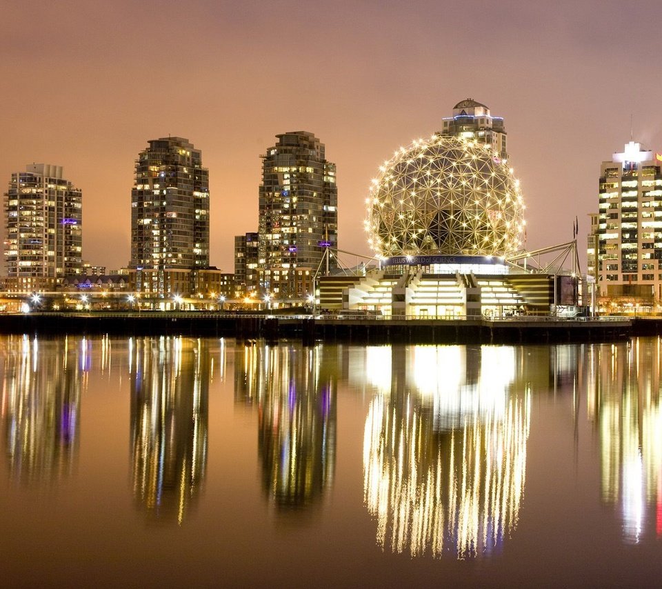 Обои вода, отражение, шар, ванкувер, канада, ночные огни, water, reflection, ball, vancouver, canada, night lights разрешение 1920x1080 Загрузить