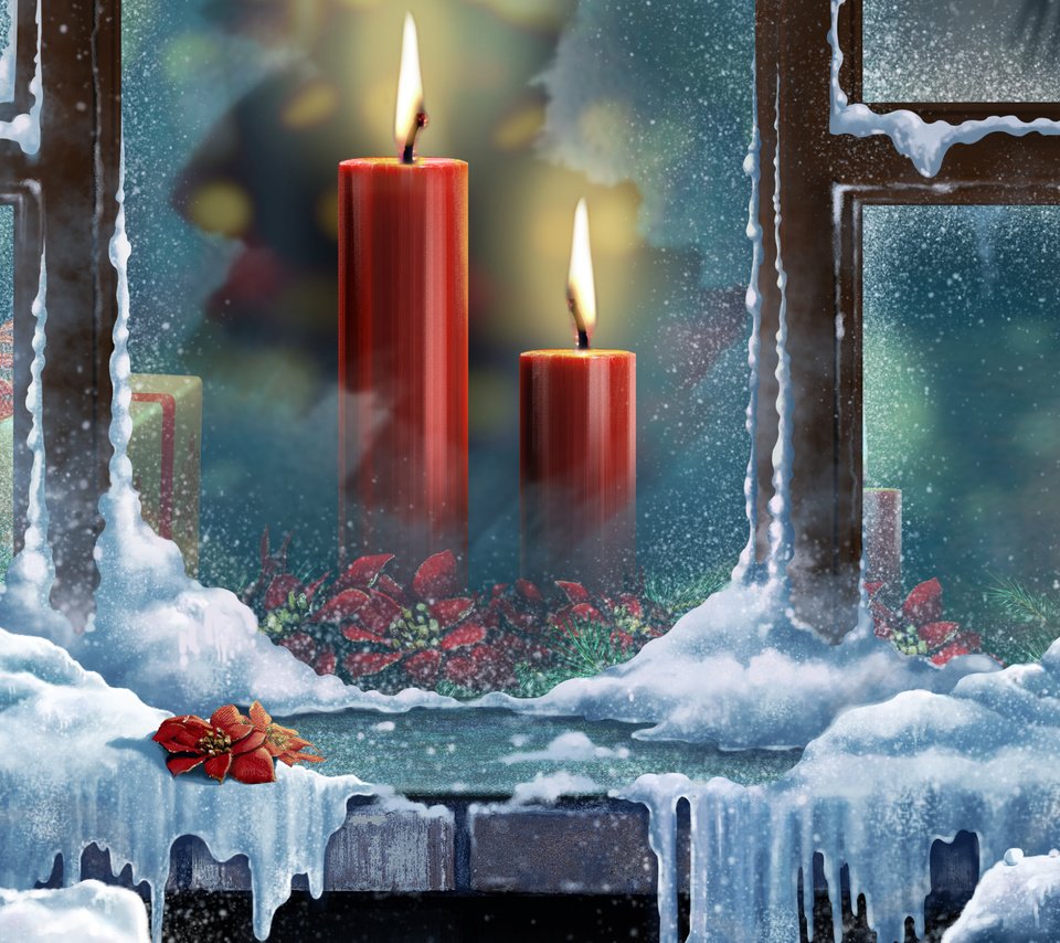 Обои снег, свечи, новый год, зима, окно, рождество, snow, candles, new year, winter, window, christmas разрешение 2800x1977 Загрузить