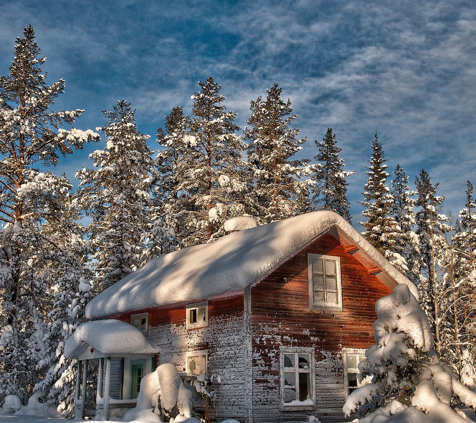 Обои деревья, снег, зима, дом, елки, старый, trees, snow, winter, house, tree, old разрешение 1920x1200 Загрузить