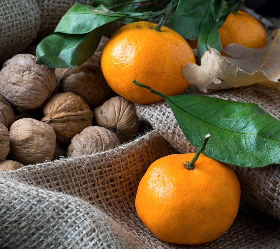 Обои мандарины, мешковина, грецкие орехи, tangerines, burlap, walnuts разрешение 2048x1365 Загрузить