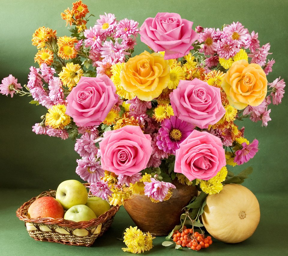 Обои розы, яблоки, букет, яблок, хризантемы, натюрморт, роз, roses, apples, bouquet, chrysanthemum, still life разрешение 4790x3642 Загрузить