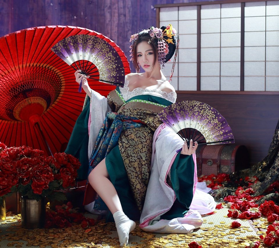 Обои цветы, девушка, зонт, кимоно, азиатка, гейша, веер, flowers, girl, umbrella, kimono, asian, geisha, fan разрешение 2048x1365 Загрузить