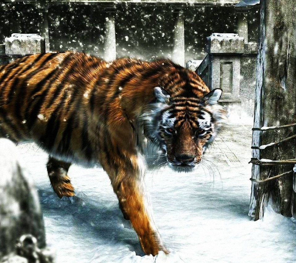 Обои тигр, снег, зима, рендеринг, tiger, snow, winter, rendering разрешение 1920x1200 Загрузить