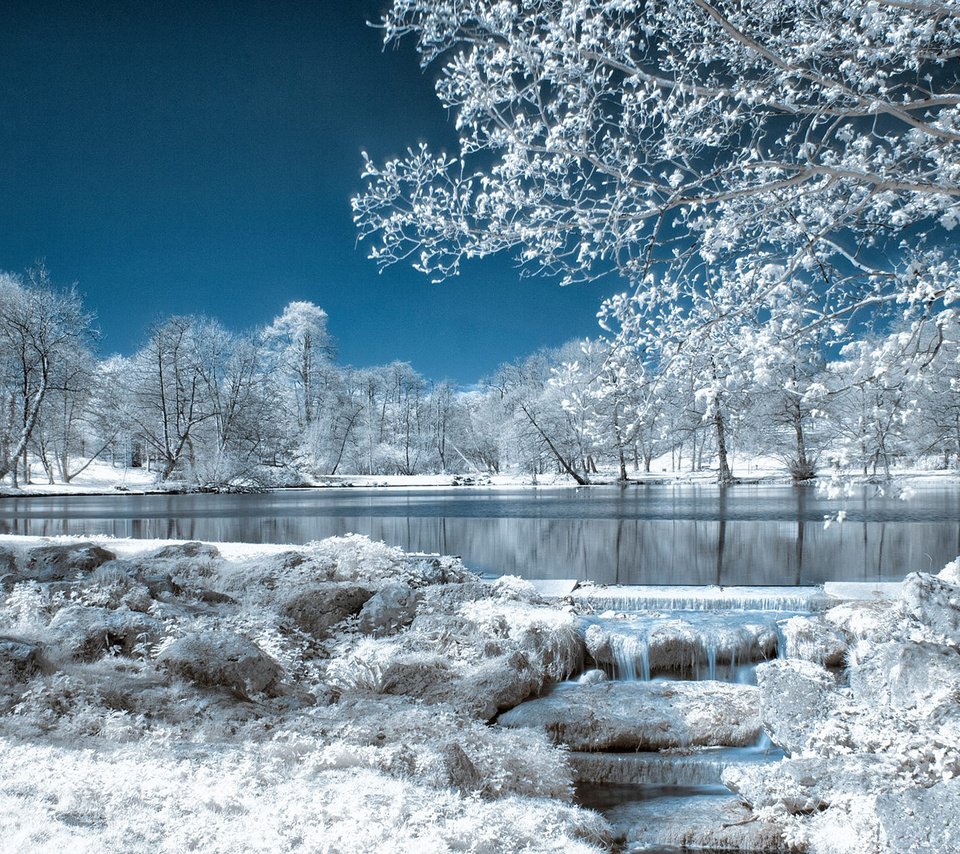 Обои небо, деревья, озеро, природа, зима, парк, иней, the sky, trees, lake, nature, winter, park, frost разрешение 1920x1200 Загрузить