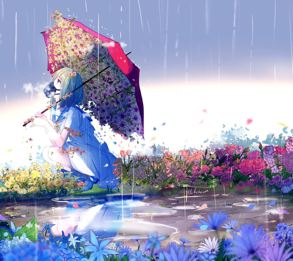 Обои цветы, девушка, аниме, дождь, зонтик, противогаз, flowers, girl, anime, rain, umbrella, gas mask разрешение 3507x2480 Загрузить