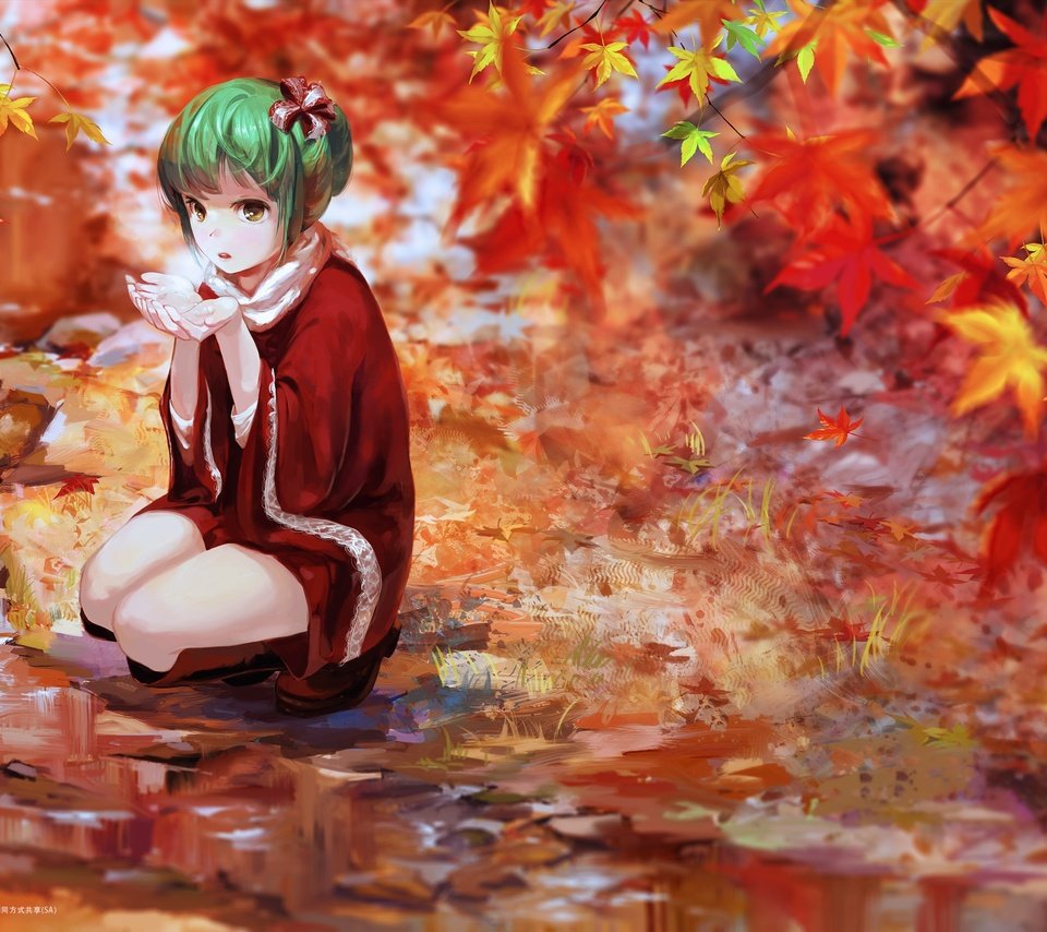 Обои листья, осень, kagiyama hina, зеленые волосы, тохо, leaves, autumn, green hair, touhou разрешение 3600x1800 Загрузить