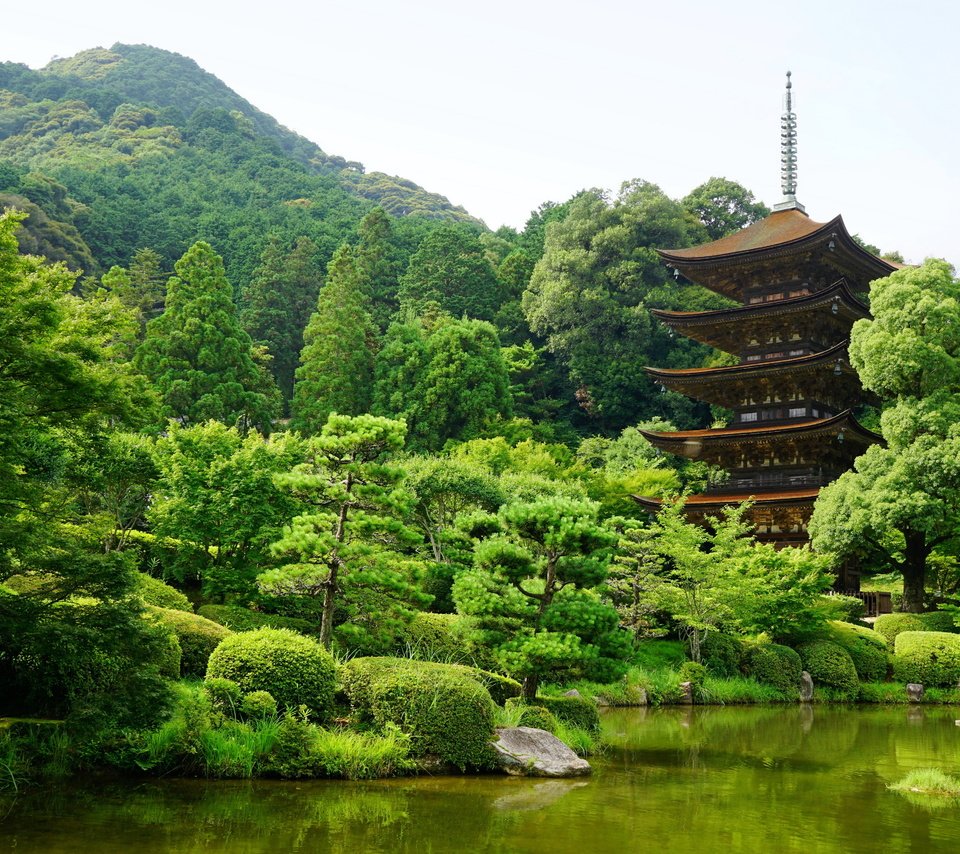 Обои деревья, горы, пагода, япония, пруд, ямагучи, trees, mountains, pagoda, japan, pond, yamaguchi разрешение 4800x3200 Загрузить