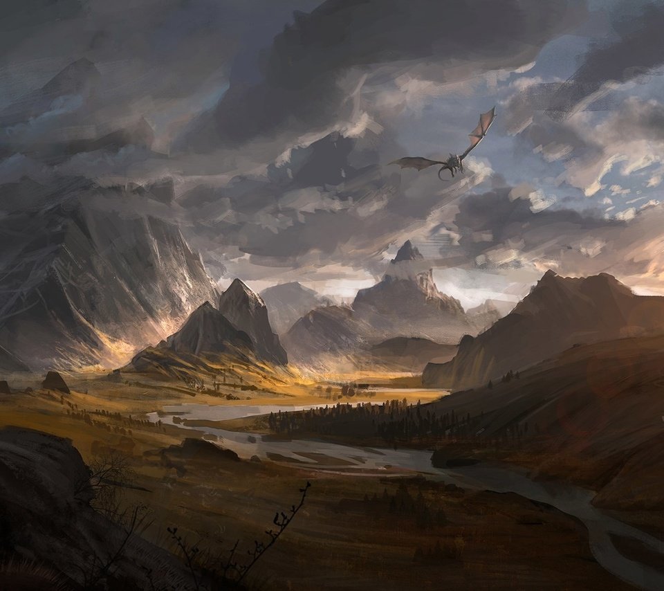 Обои горы, закат, дракон, скайрим, mountains, sunset, dragon, skyrim разрешение 1920x1080 Загрузить