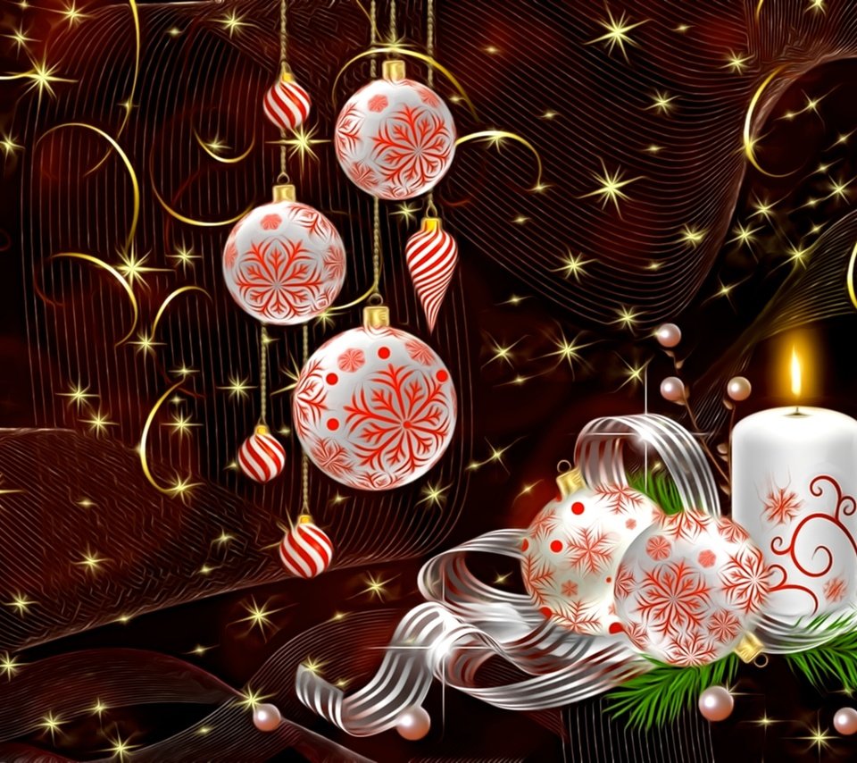 Обои свет, рождество, новый год, елочные украшения, рендеринг, завитушки, темный фон, жемчужные бусины, картинка, золотистые искры, лента, свеча, праздник, light, christmas, new year, christmas decorations, rendering, curls, the dark background, pearl beads, picture, golden sparks, tape, candle, holiday разрешение 1950x1220 Загрузить