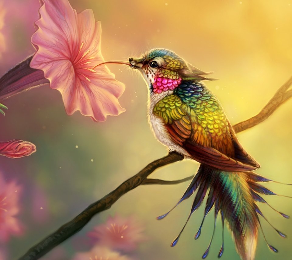 Обои цветы, арт, птица, клюв, перья, колибри, цифровое искусство, flowers, art, bird, beak, feathers, hummingbird, digital art разрешение 2560x1440 Загрузить