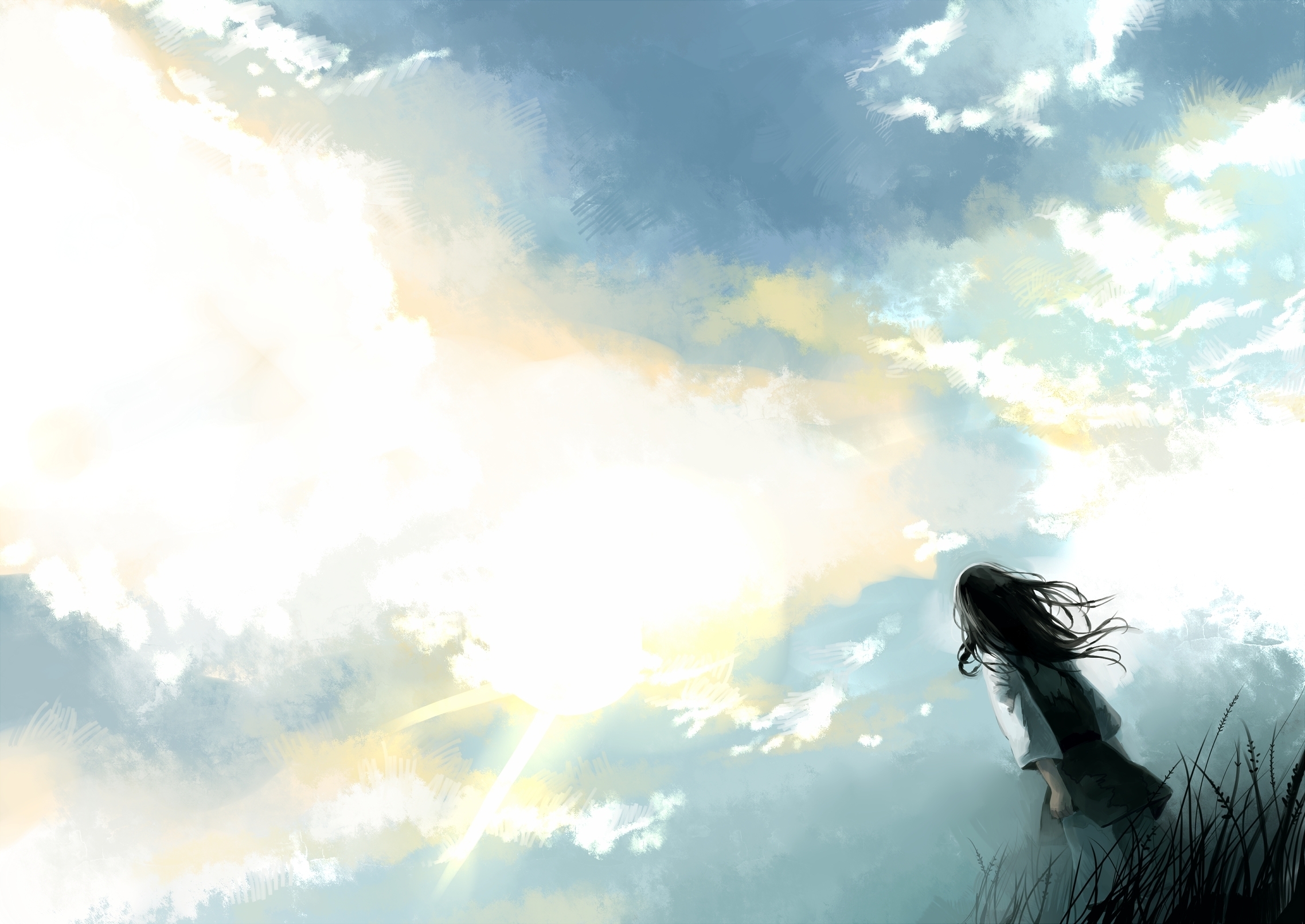 Обои небо, трава, облака, девочка, the sky, grass, clouds, girl разрешение 2276x1611 Загрузить