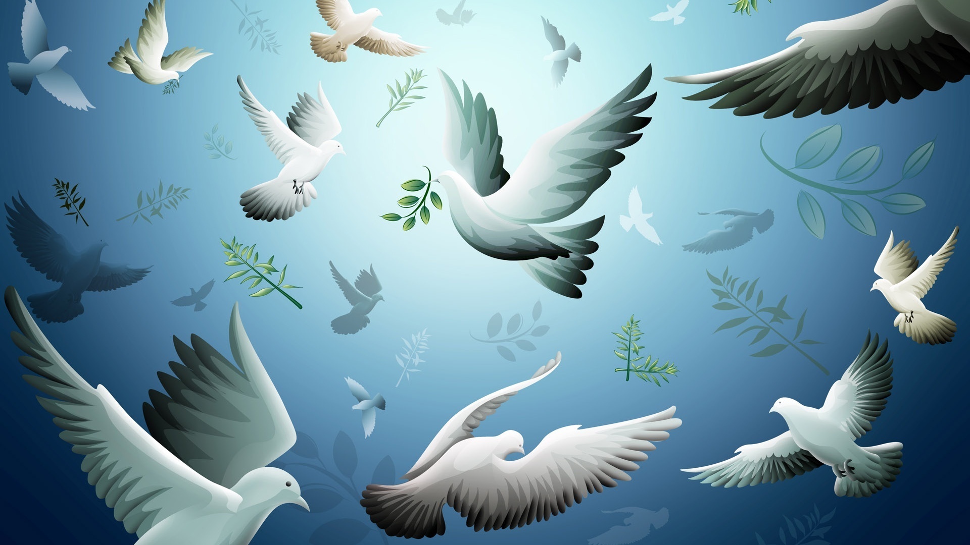 Обои рисунок, полет, ветки, птицы, голуби, figure, flight, branches, birds, pigeons разрешение 1920x1080 Загрузить