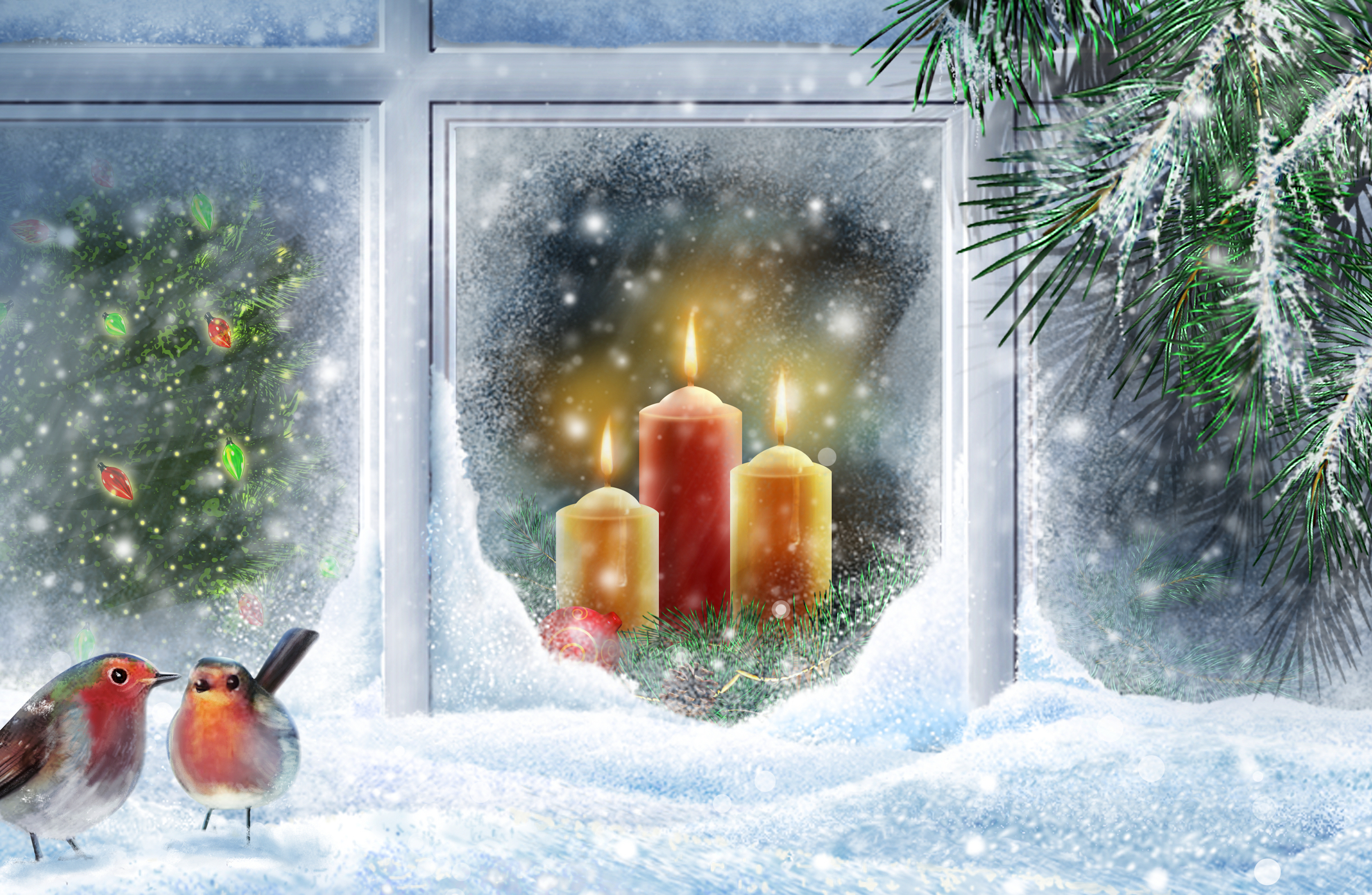 Обои снег, праздник, свечи, новый год, елка, вектор, ветки, птицы, окно, snow, holiday, candles, new year, tree, vector, branches, birds, window разрешение 2560x1670 Загрузить