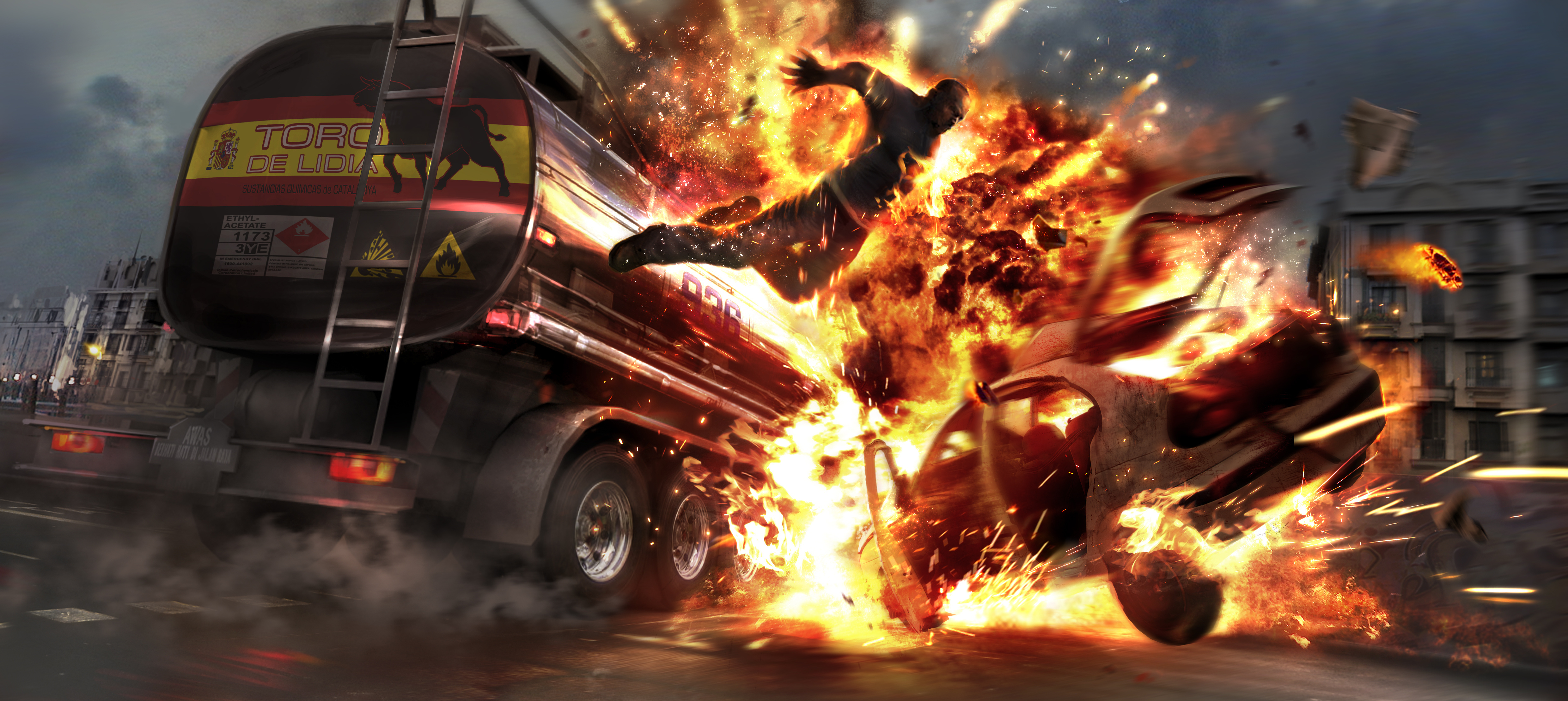 Обои огонь, взрыв, wheelman tankerjump, boom, горящий человек, fire, the explosion, burning man разрешение 4961x2220 Загрузить