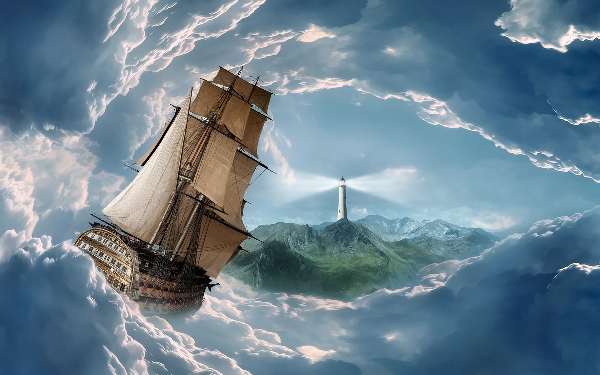 Обои арт, облака, маяк, корабль, aбстракции, 3д, парусные корабли, art, clouds, lighthouse, ship, abstraction, 3d, sailing ships разрешение 1920x1200 Загрузить