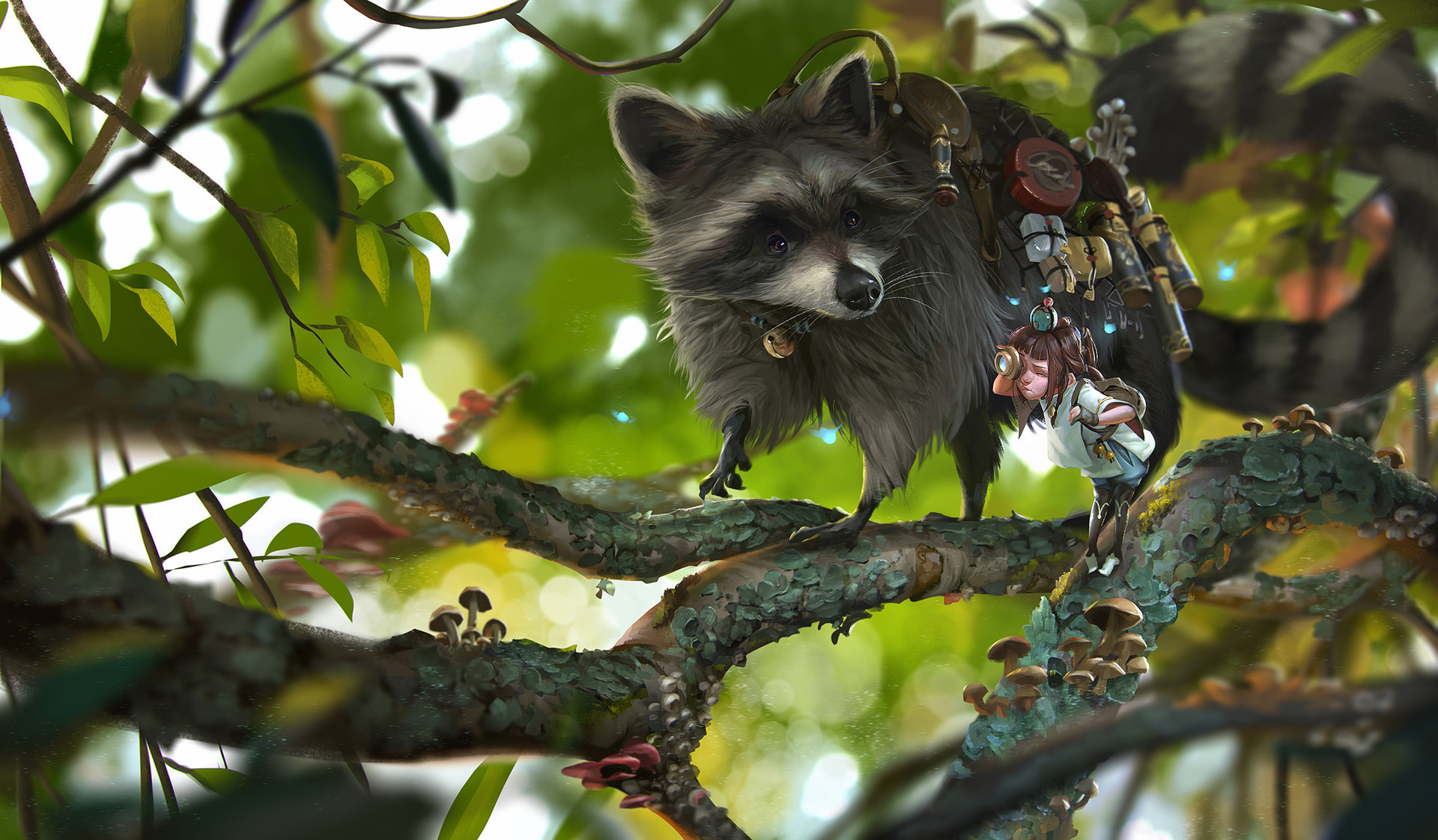 Обои ветки, девочка, енот, rudy siswanto, shipper, branches, girl, raccoon разрешение 1920x1122 Загрузить