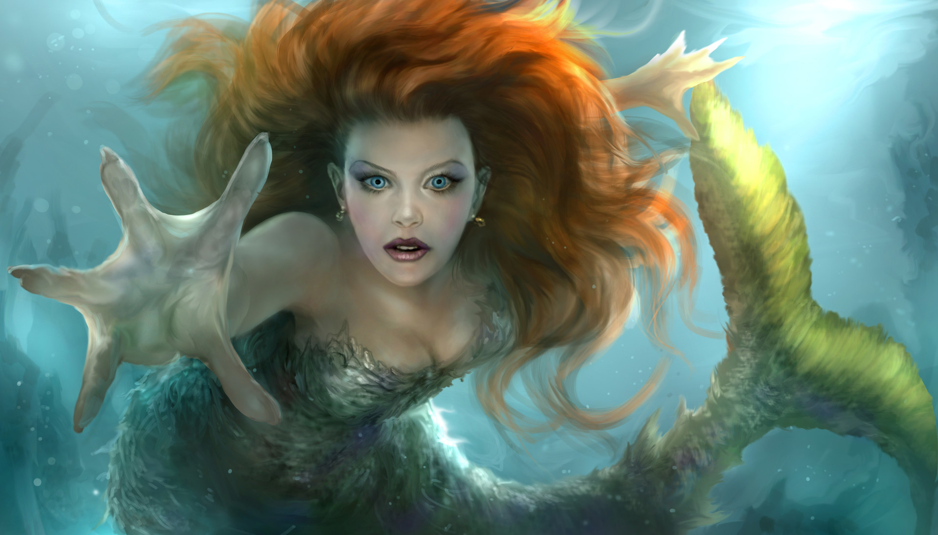 Обои арт, вода, рука, взгляд, волосы, хвост, русалка, плавник, art, water, hand, look, hair, tail, mermaid, fin разрешение 1920x1096 Загрузить