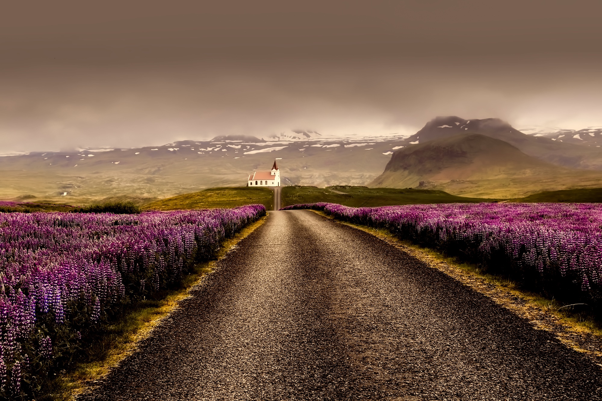Обои дорога, горы, тучи, поля, лаванда, горизонт, гора, исландия, road, mountains, clouds, field, lavender, horizon, mountain, iceland разрешение 2000x1333 Загрузить