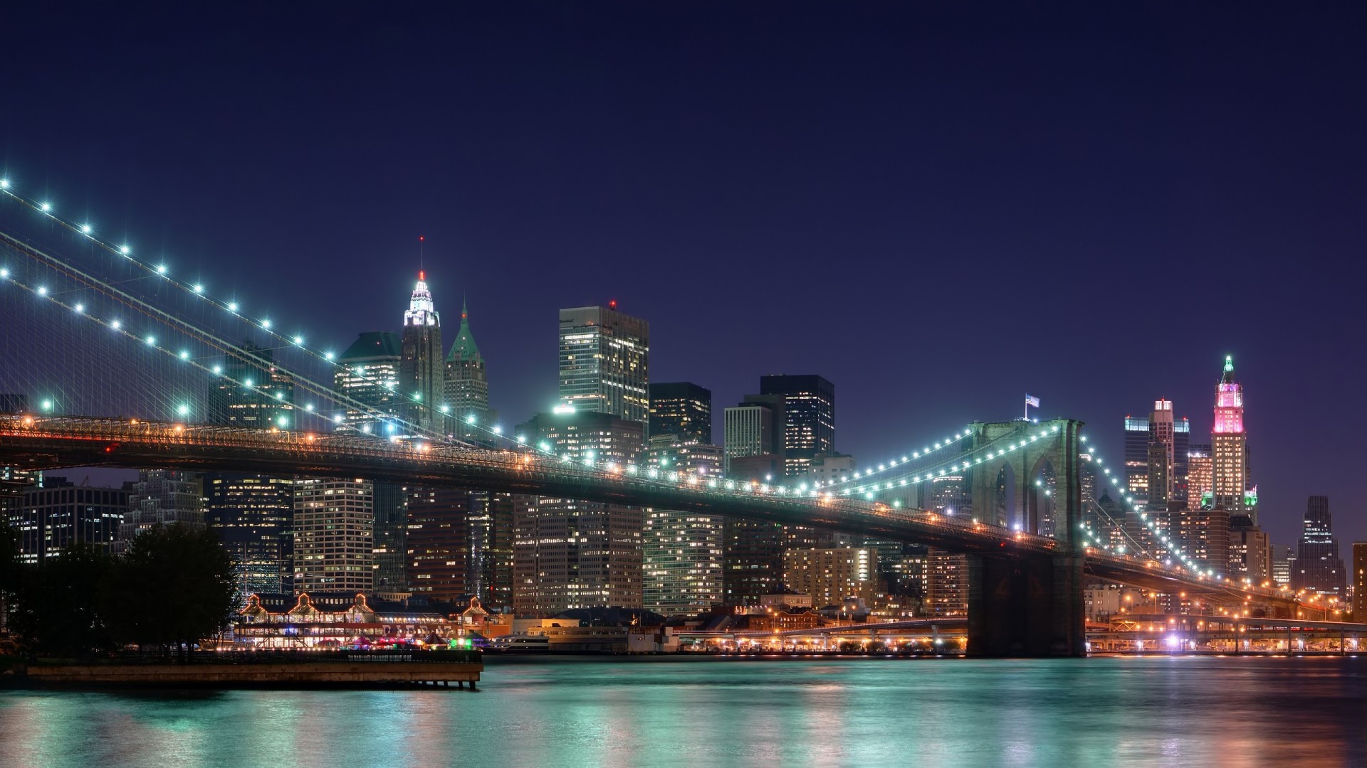 Обои ночь, мост, небоскребы, сша, нью-йорк, бруклинский мост, night, bridge, skyscrapers, usa, new york, brooklyn bridge разрешение 1920x1080 Загрузить