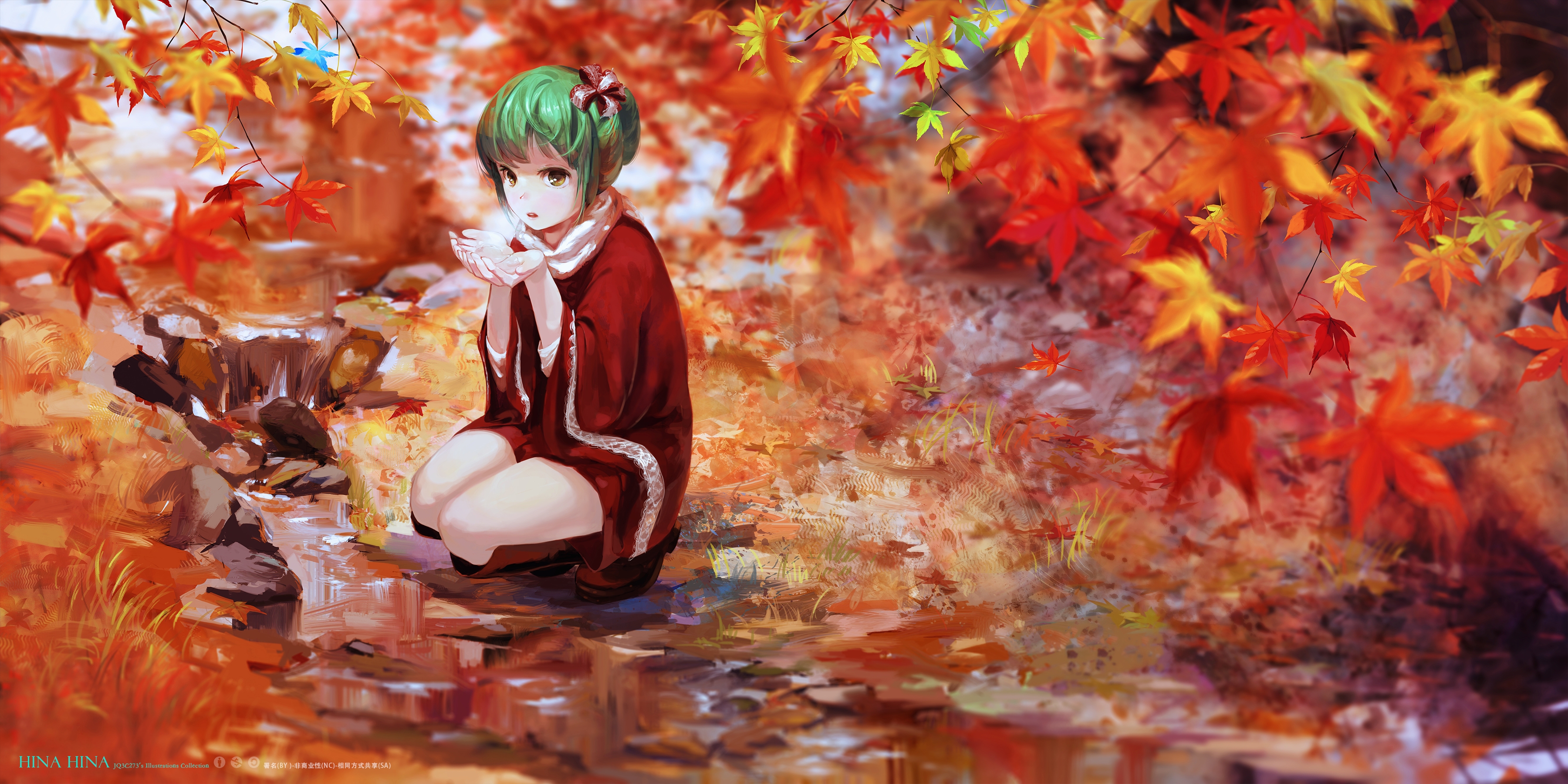 Обои листья, осень, kagiyama hina, зеленые волосы, тохо, leaves, autumn, green hair, touhou разрешение 3600x1800 Загрузить