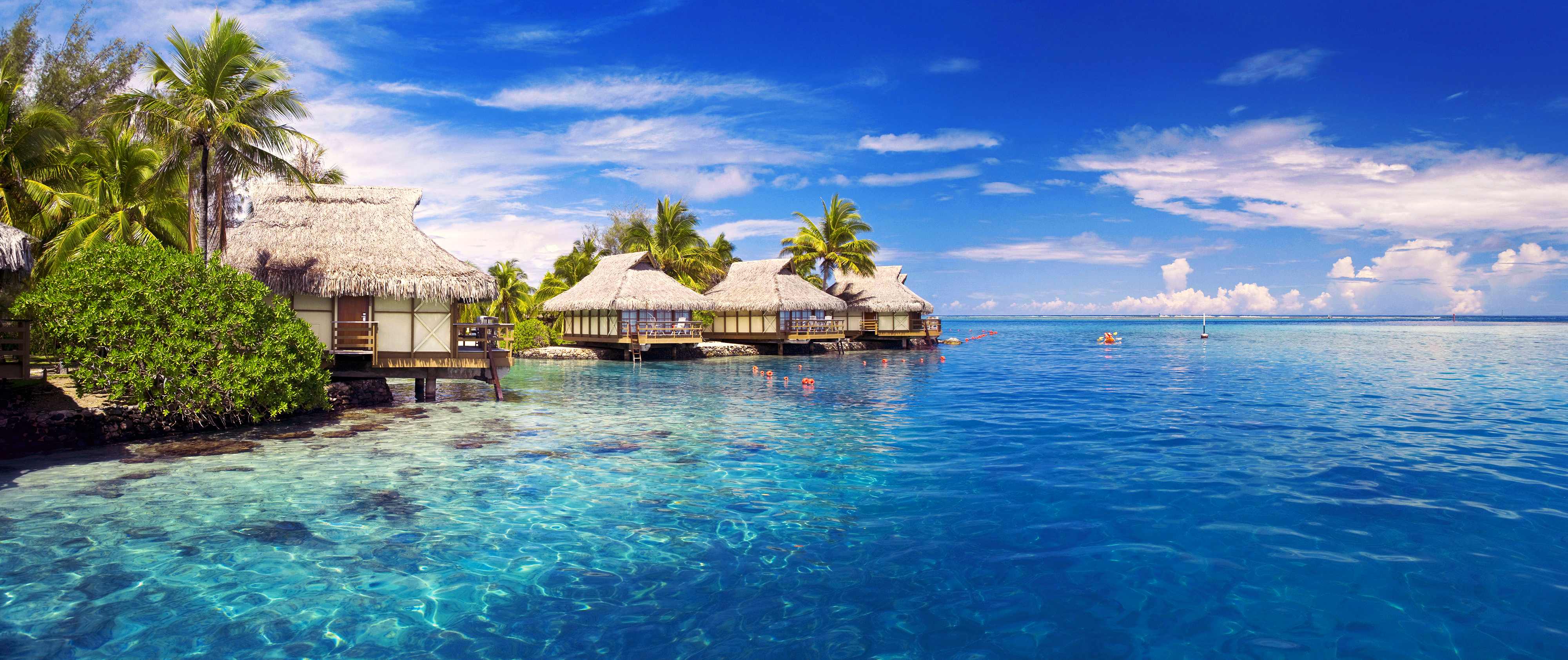 Обои море, бунгало, тропики, sea, bungalow, tropics разрешение 4000x1684 Загрузить