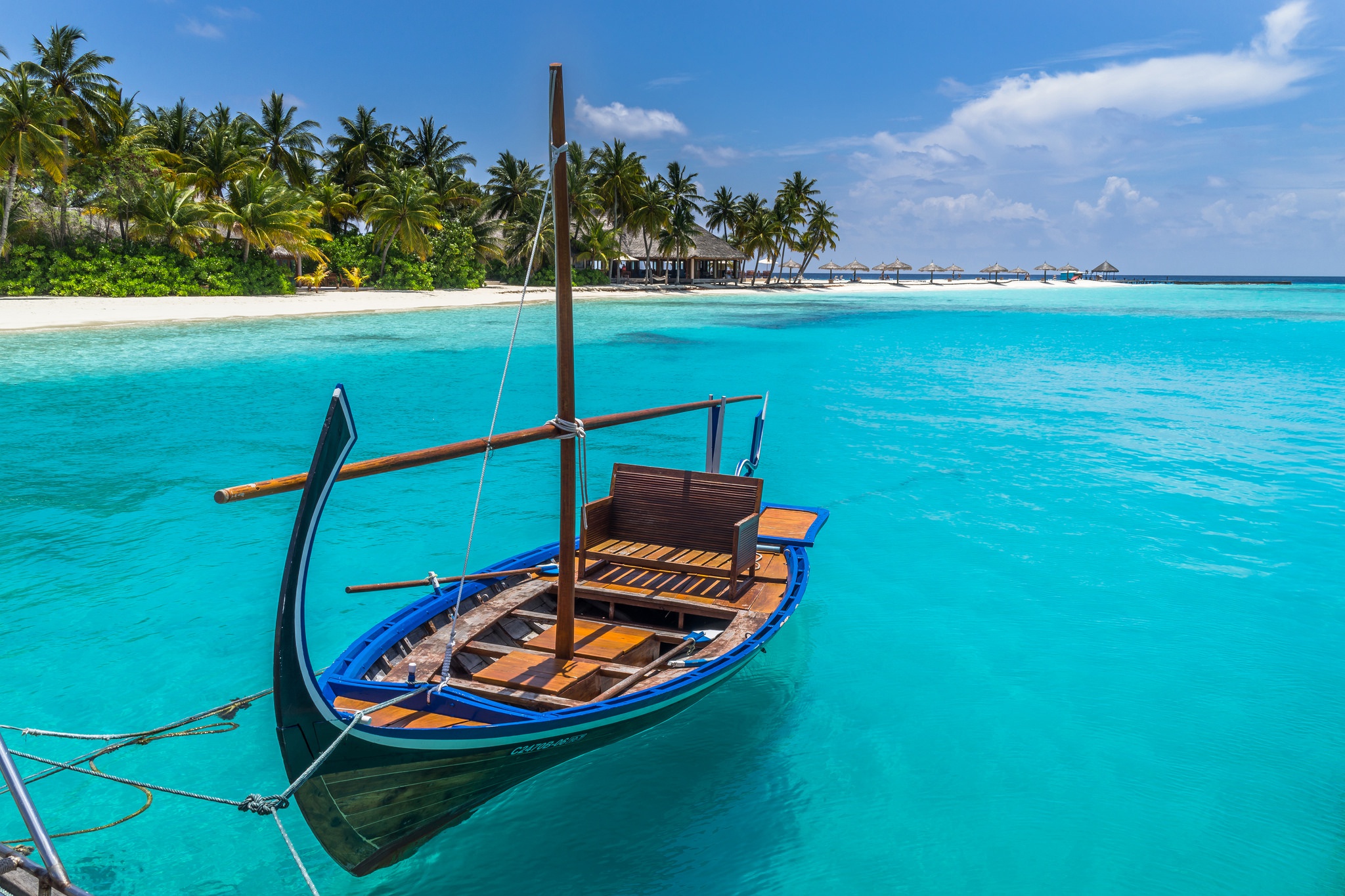 Обои море, пляж, лодка, пальмы, океан, тропики, мальдивы, sea, beach, boat, palm trees, the ocean, tropics, the maldives разрешение 2048x1365 Загрузить