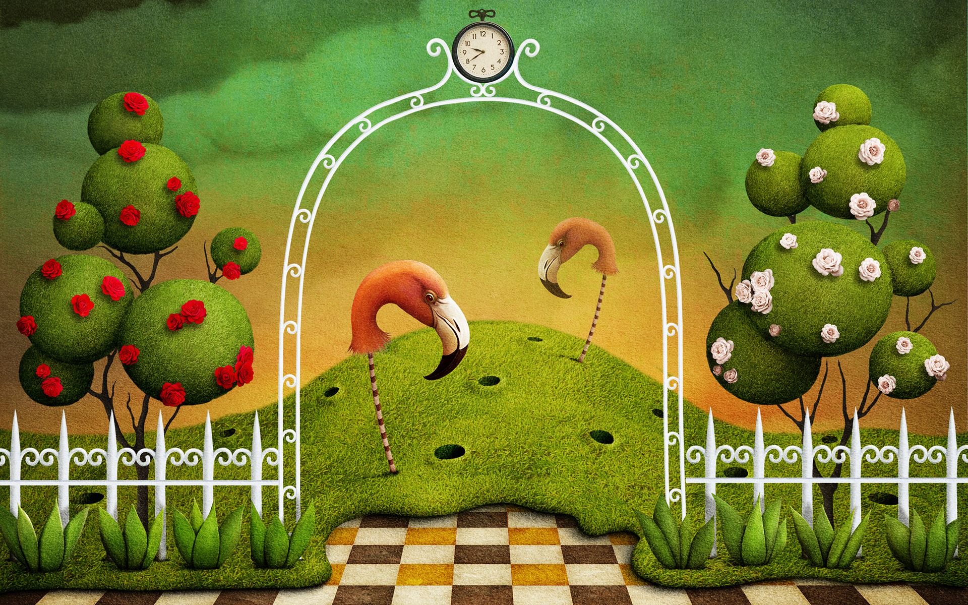 Обои фламинго, забор, сад, креатив, flamingo, the fence, garden, creative разрешение 1920x1200 Загрузить