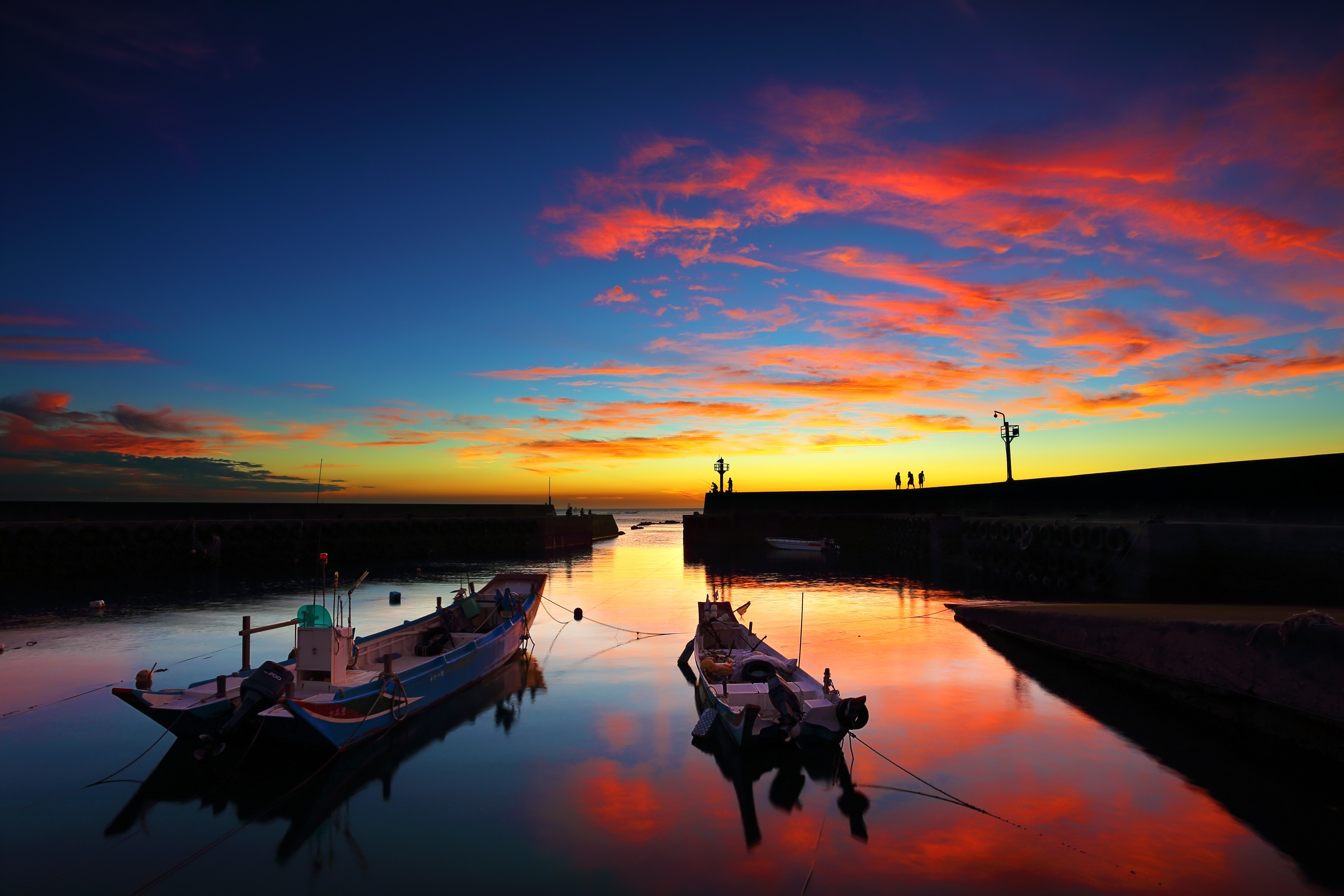 Обои небо, природа, закат, горизонт, лодки, the sky, nature, sunset, horizon, boats разрешение 4096x2731 Загрузить