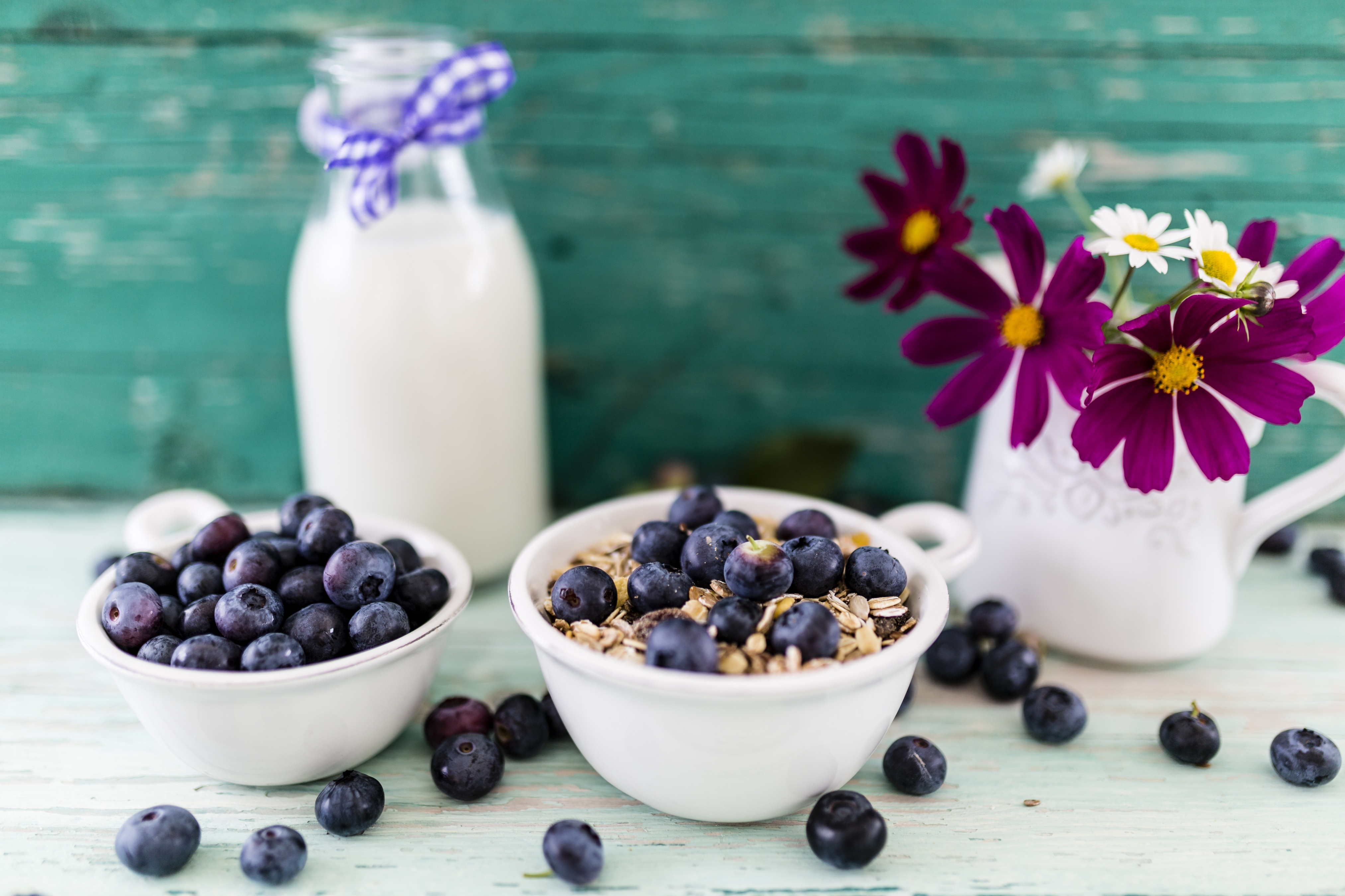 Обои ягоды, черника, завтрак, молоко, миска, мюсли, berries, blueberries, breakfast, milk, bowl, muesli разрешение 4050x2700 Загрузить